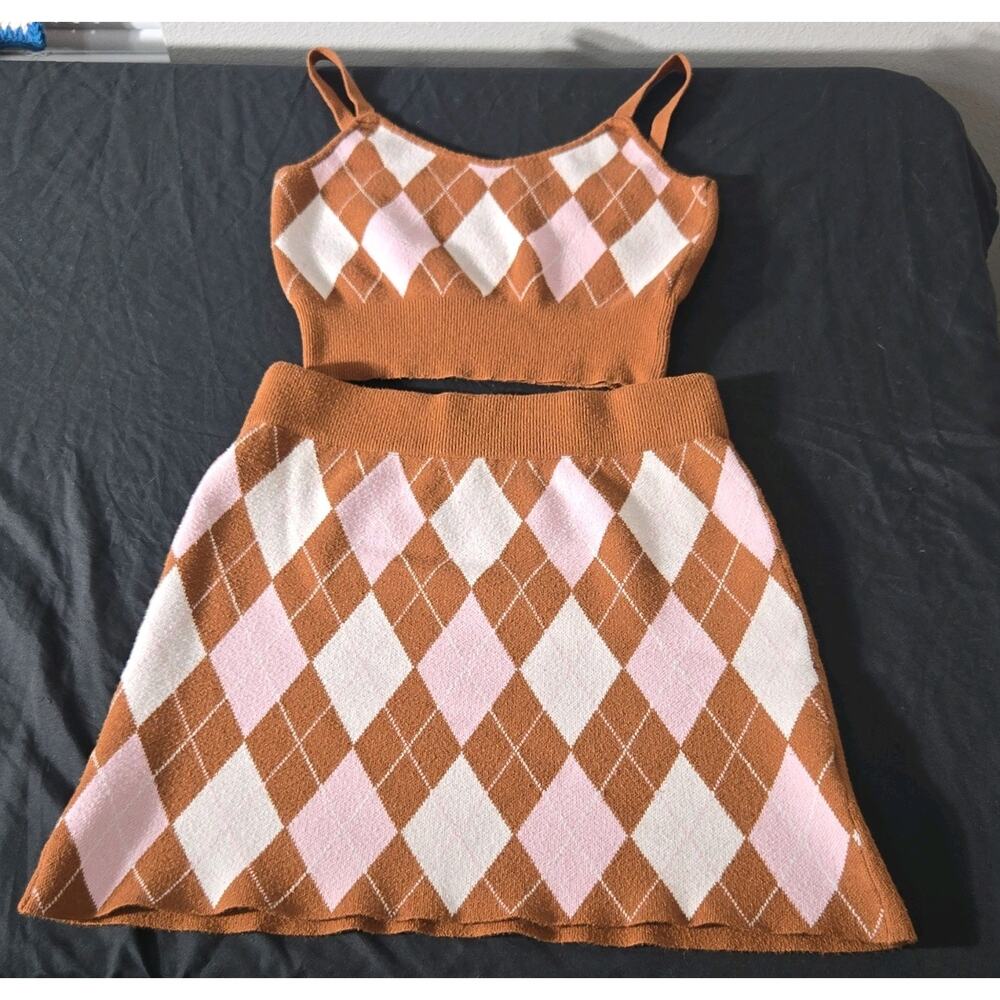 Papaya Argyle Knit Crop‎ Top & Skirt Set Brown Pink White Size S